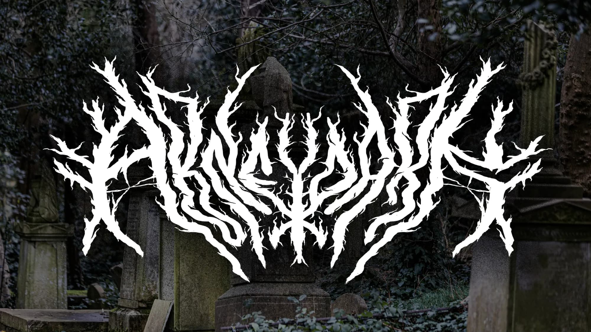 Thorned black-metal lettering reading Abney Park, white on a photograph of an overgrown Victorian cemetery