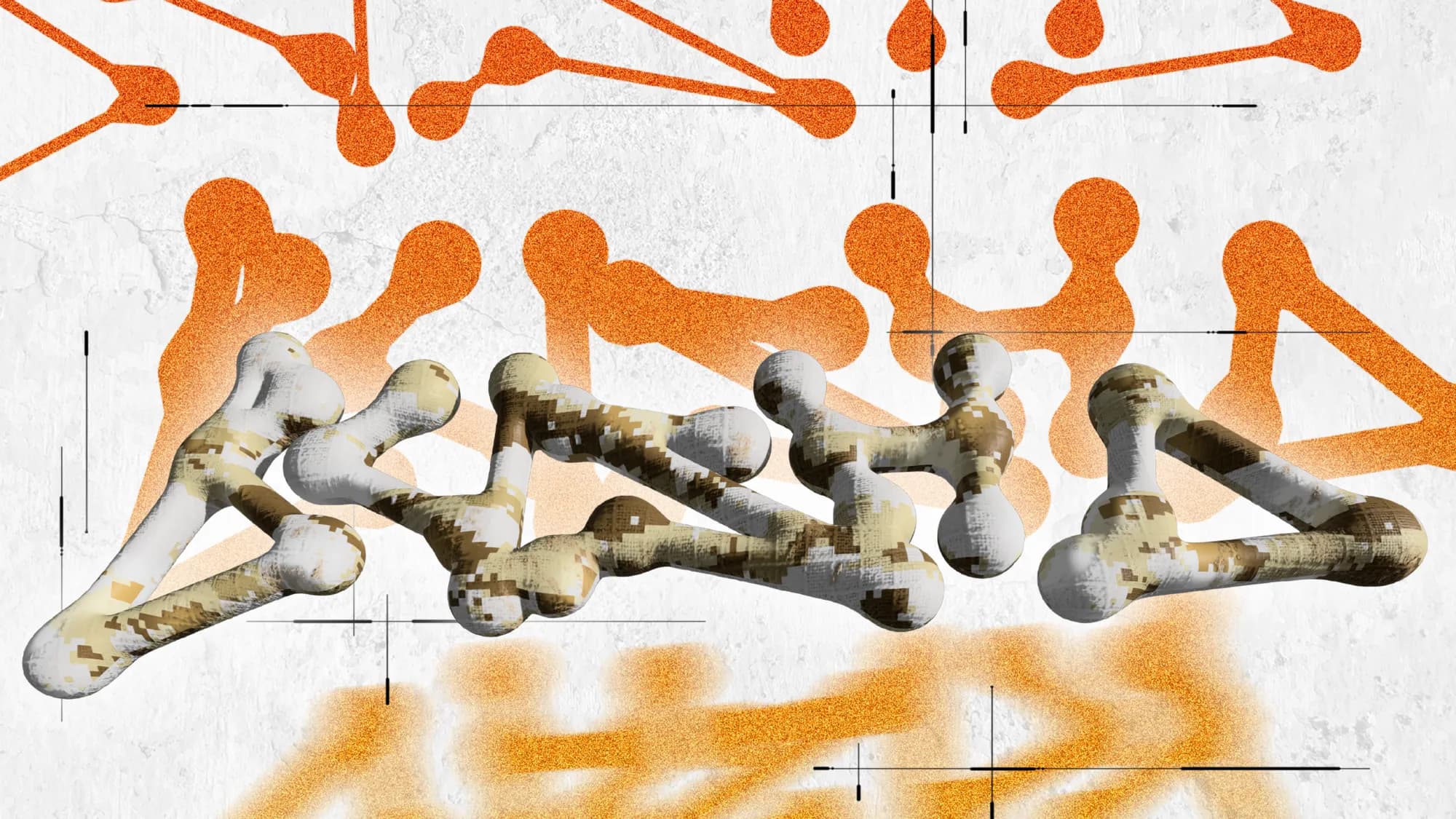 Rounded three-dimensional letterforms in bone and camouflage textures, above an orange spray-stencil version of the same word