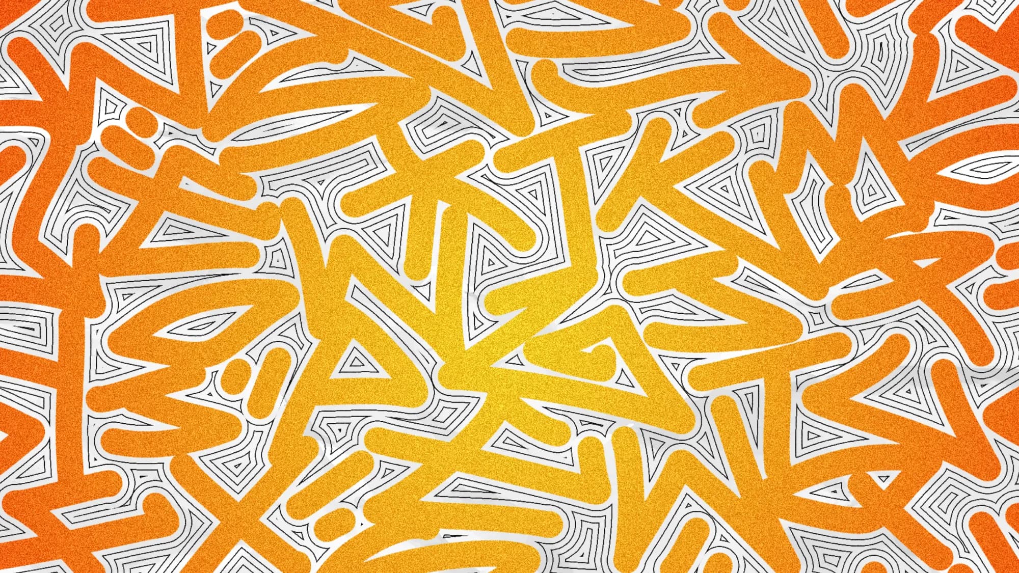 A tiling repeat pattern of orange graffiti tags over fine contour linework