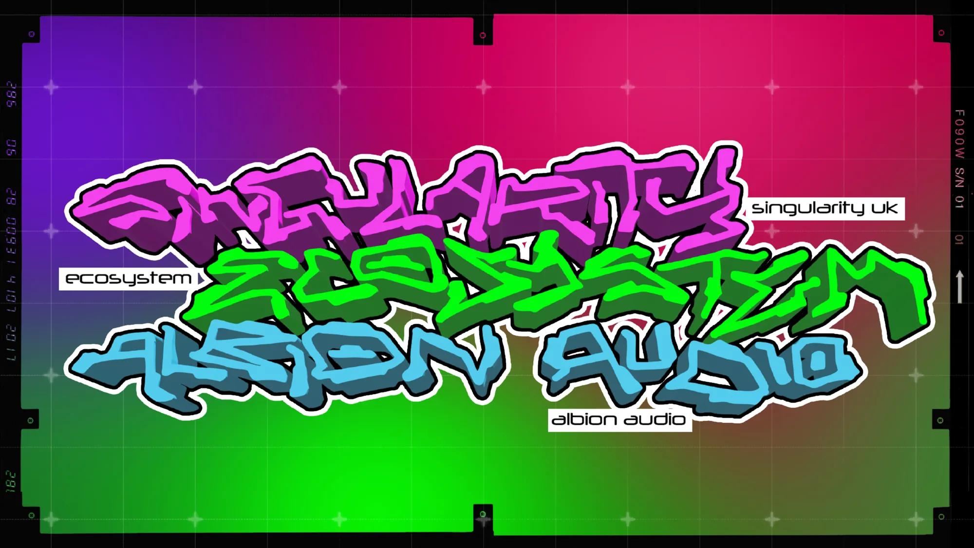 Three stacked graffiti wordmarks reading Singularity, Ecosystem and Albion Audio, on a magenta-to-green gradient panel