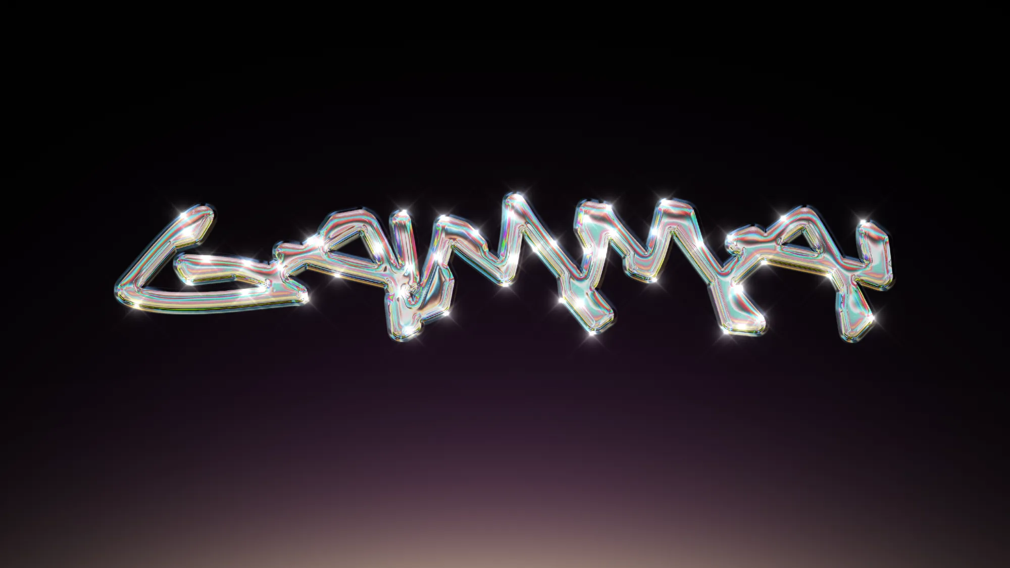 Liquid chrome lettering reading Gamma, floating on a black background