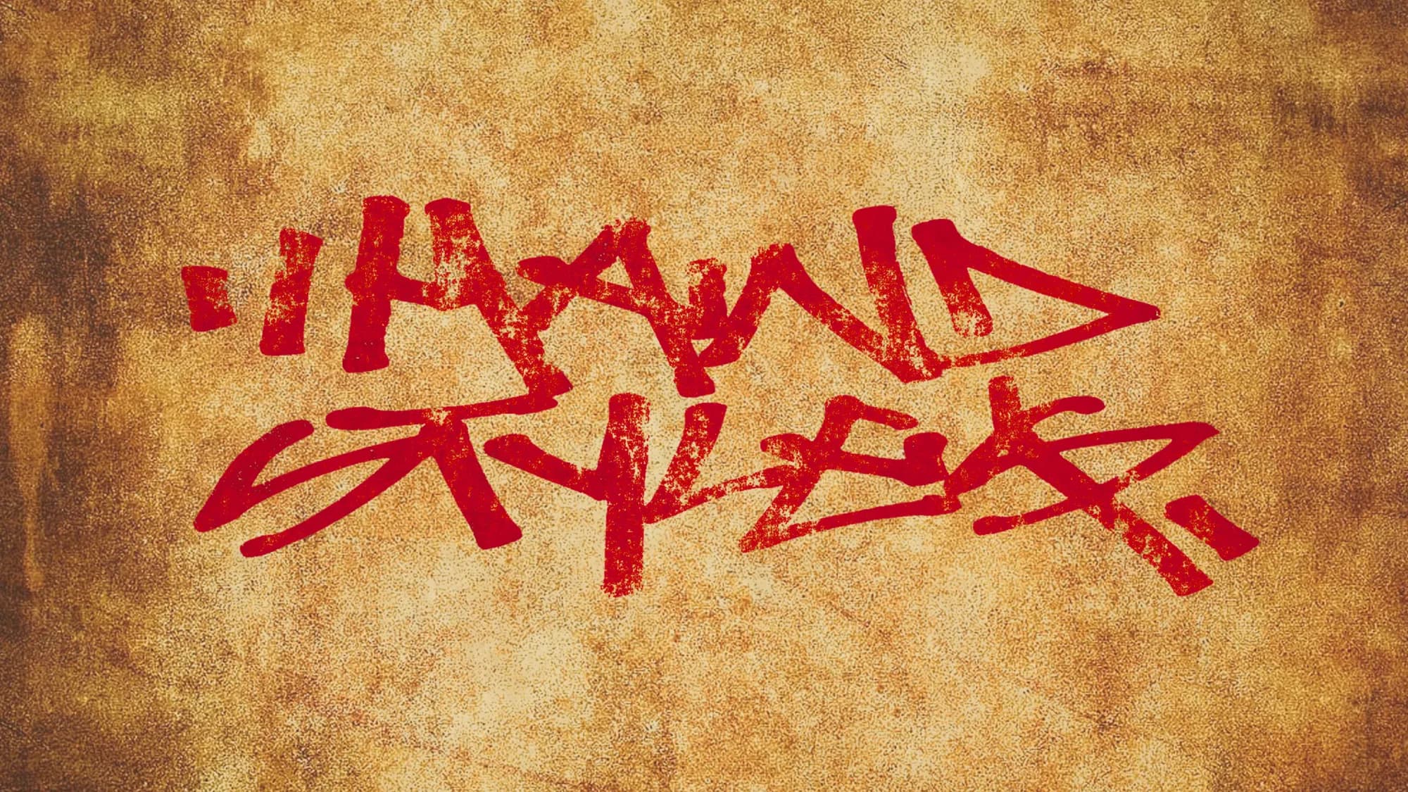 Red brush handstyle lettering on a mottled tan paper texture