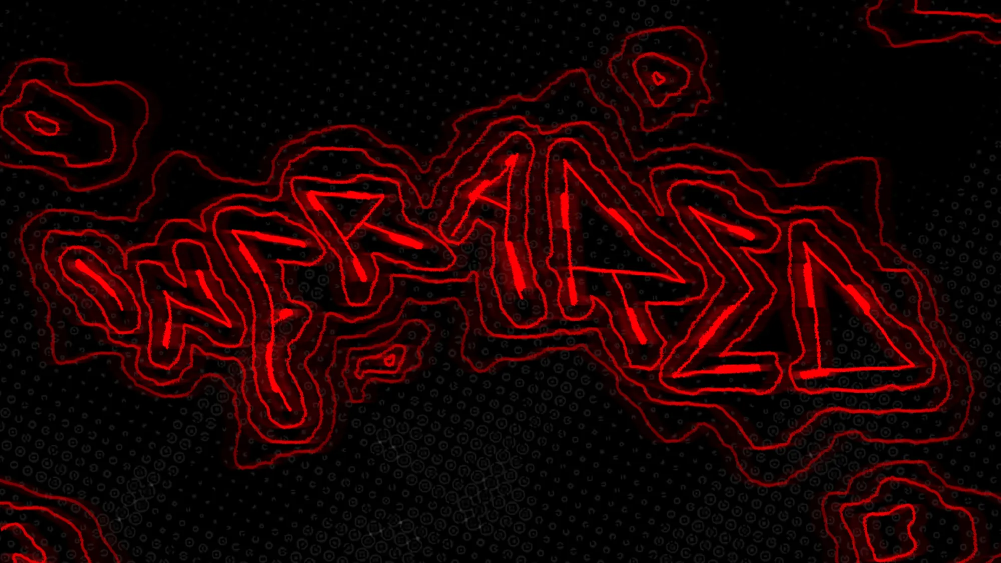 Red topographic contour lettering reading Infrared, glowing on a black halftone background