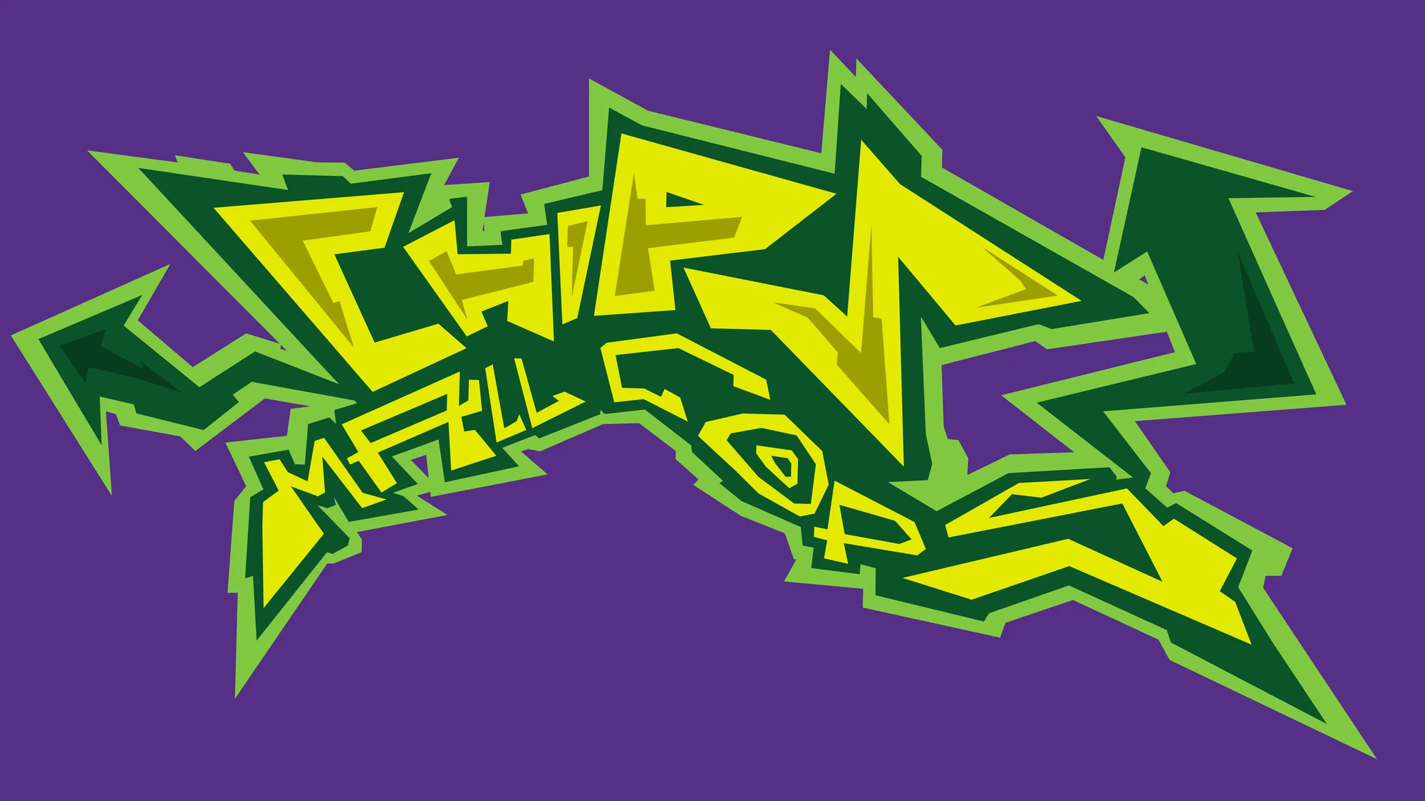 Angular green and yellow wildstyle graffiti lettering reading Chips Mall Cops, on a purple background