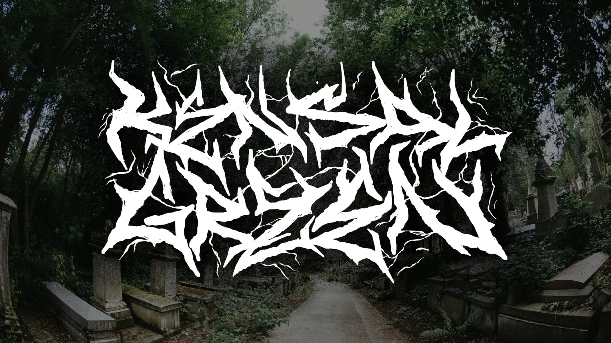 Jagged black-metal lettering reading Kensal Green, white on a photograph of a tree-lined cemetery path