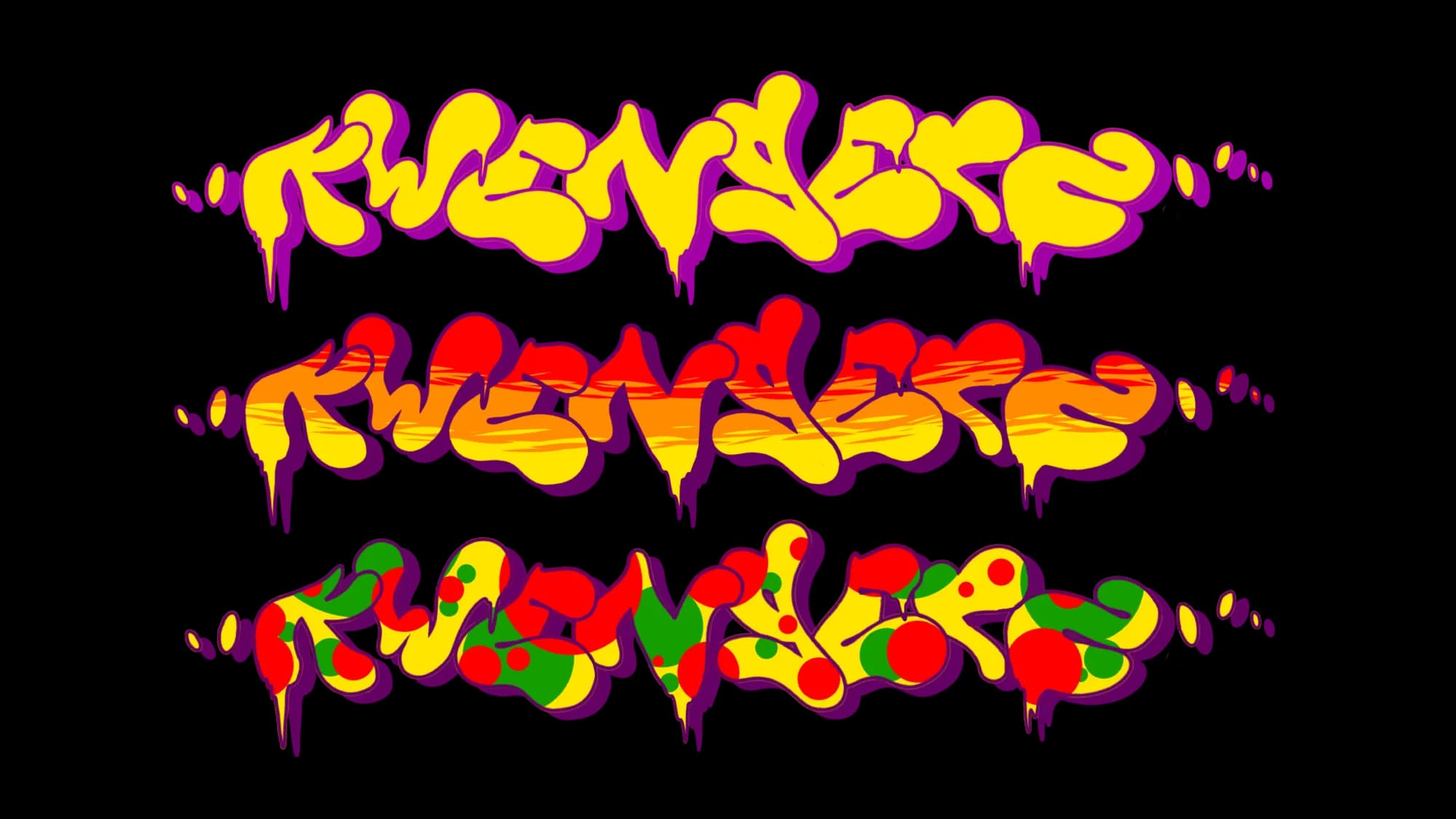 Three colourways of a bubble graffiti wordmark reading Kwengerz, in yellow, orange and green