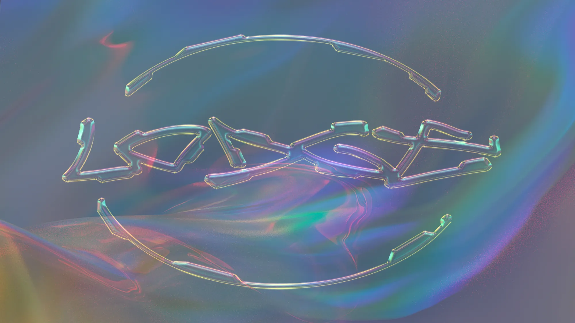 Thin iridescent chrome wireframe lettering on a holographic pastel background