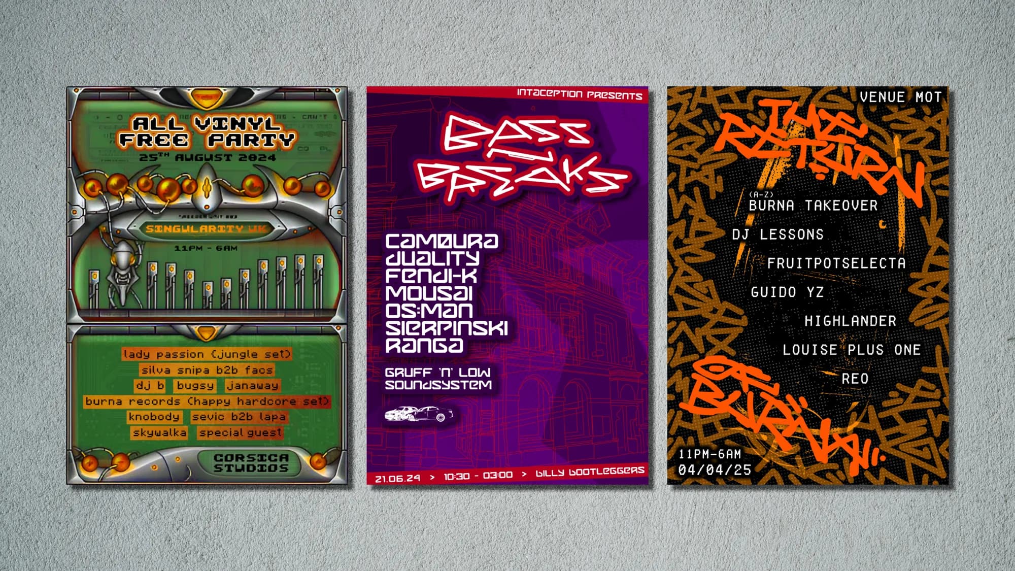 Three event posters mounted on a grey wall: an all-vinyl free party, a Bass Breaks night, and Return of the Burna