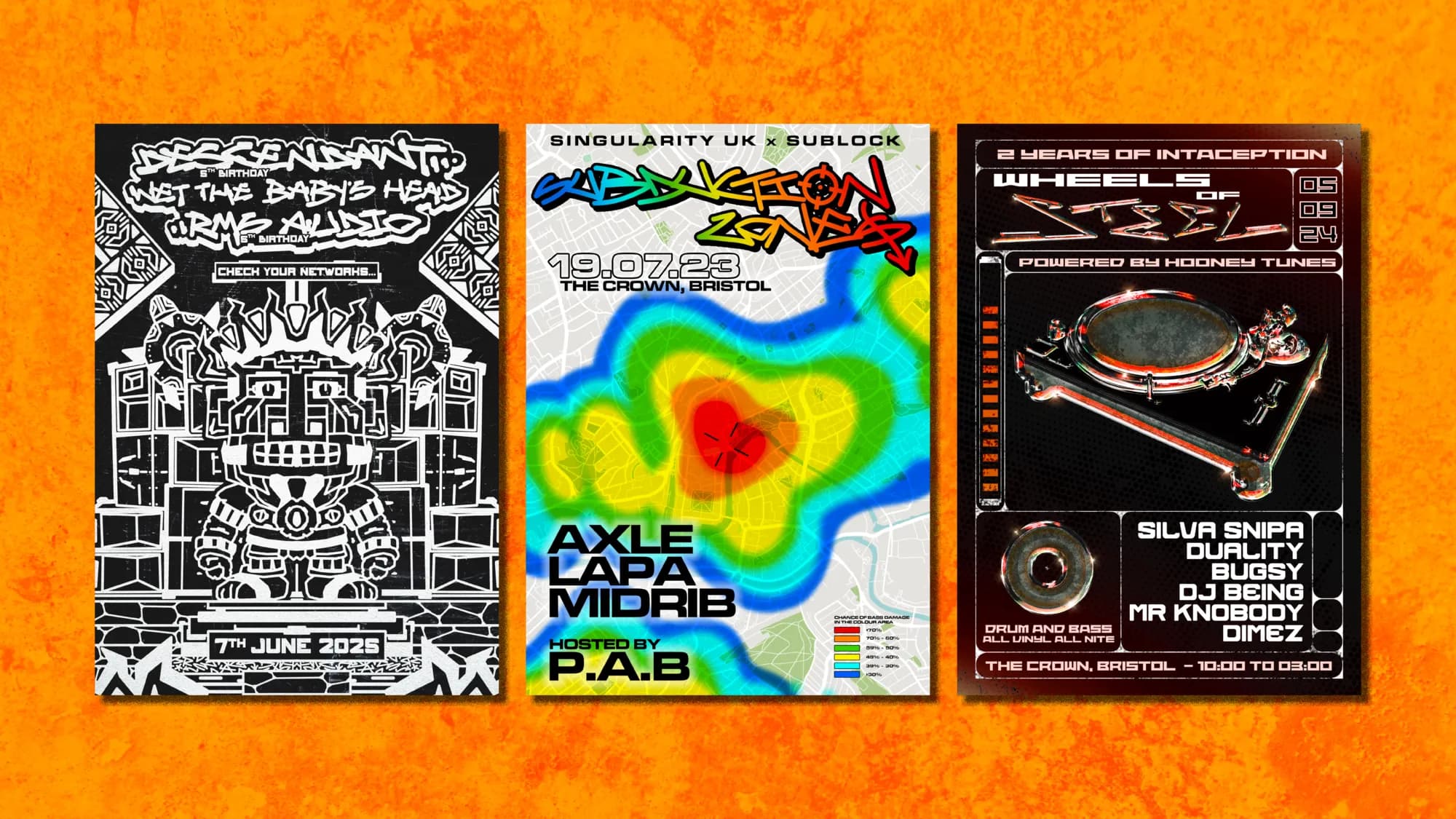 Three event posters on an orange background: Descendant, Singularity UK x Sublock, and Two Years of Intaception