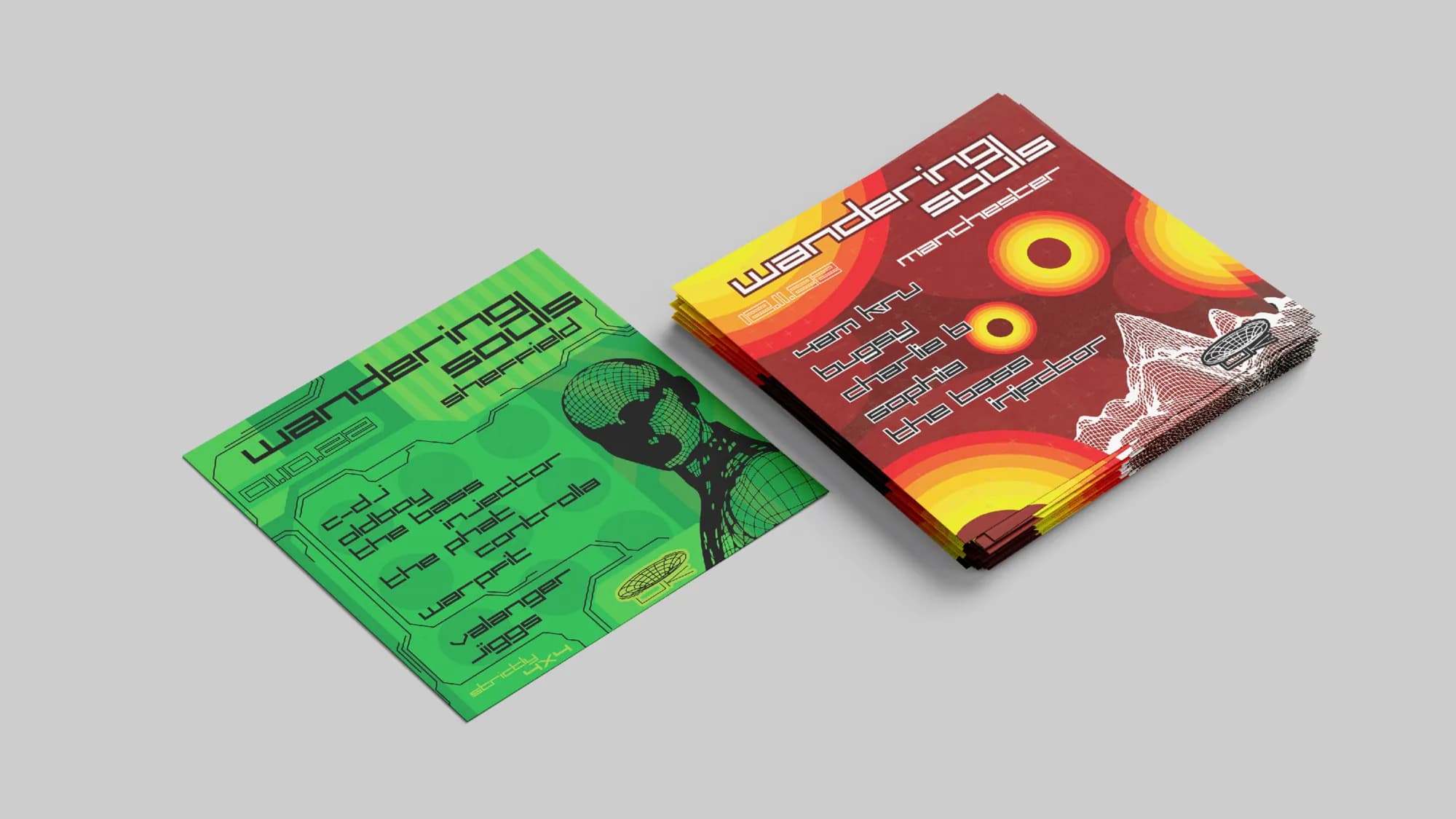 A green square flyer beside a stack of red and yellow flyers for Wandering Souls, photographed as a print mockup