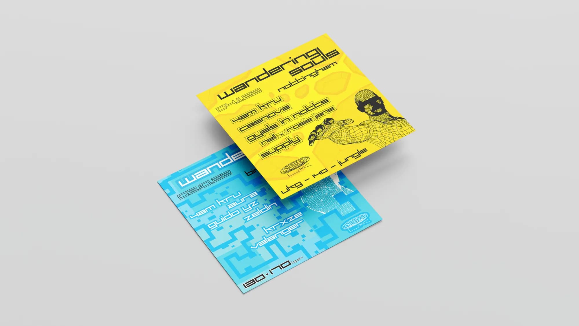 Yellow and blue square flyers for Wandering Souls Nottingham, photographed as a print mockup
