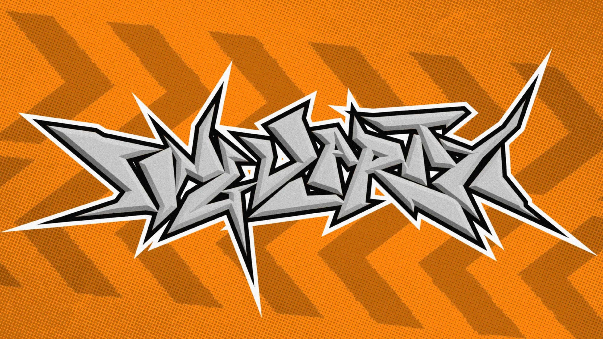 Sharp silver wildstyle graffiti lettering reading Singularity, on an orange chevron-patterned background