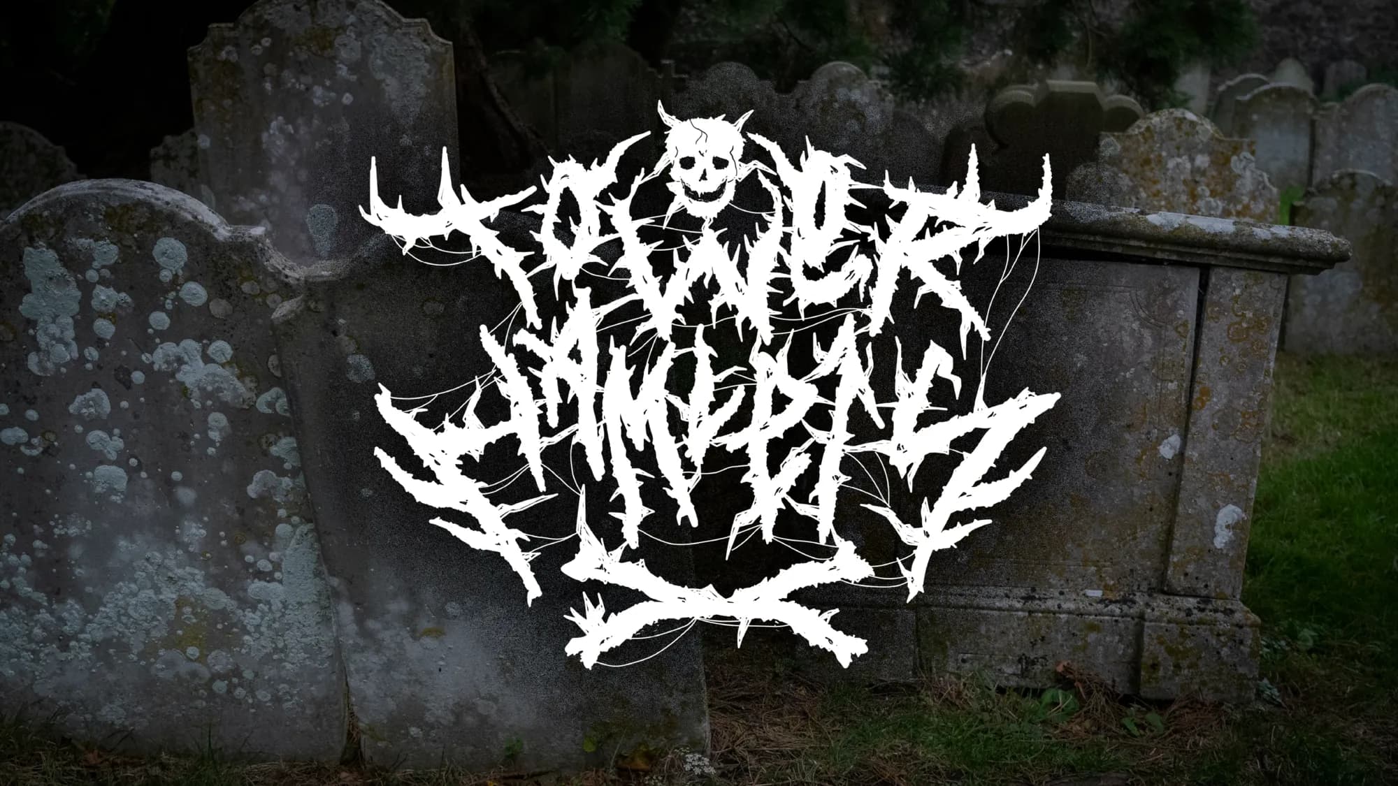 Dense black-metal lettering with a skull, reading Tower Hamlets Flyerz, white on a photograph of moss-covered gravestones