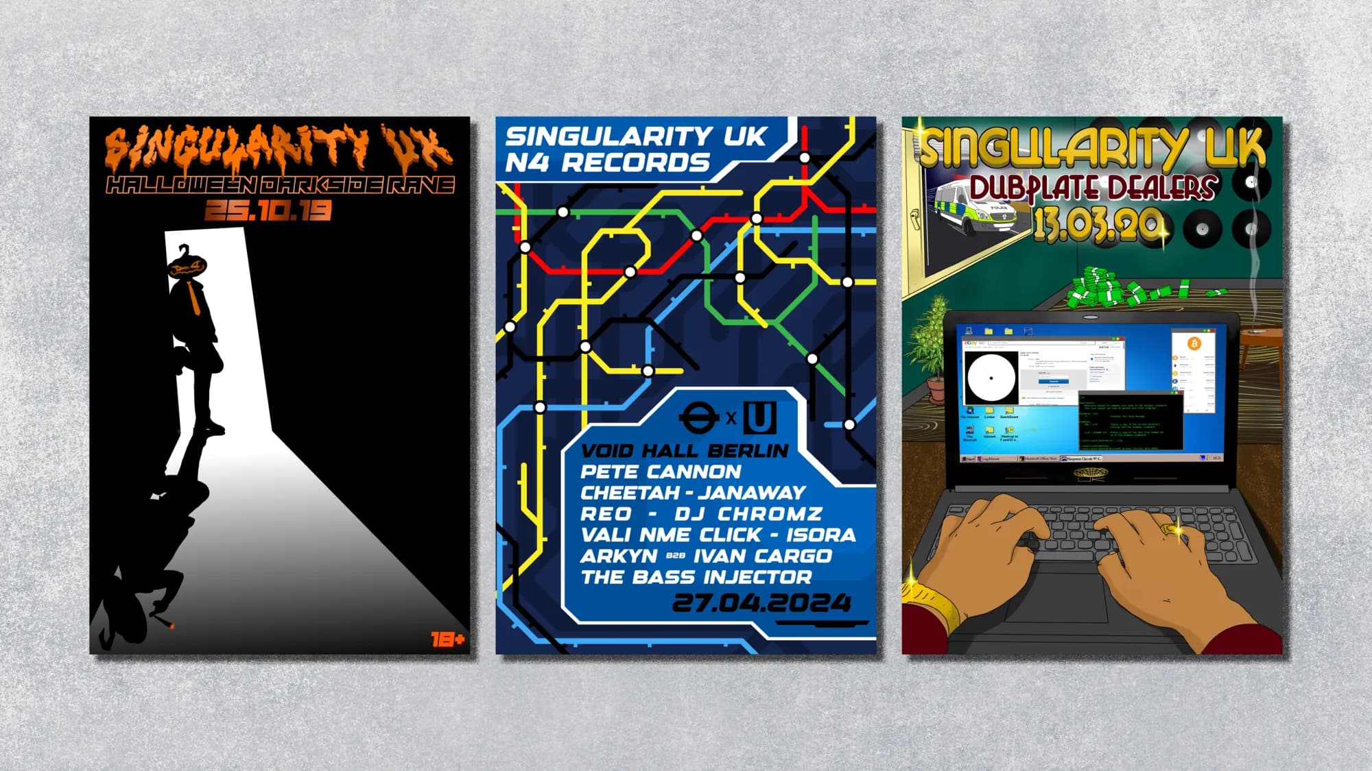 Three event flyers for Singularity UK: a Halloween darkside rave, an N4 Records night laid out as a tube map, and a Dubplate Dealers flyer styled as an old desktop computer